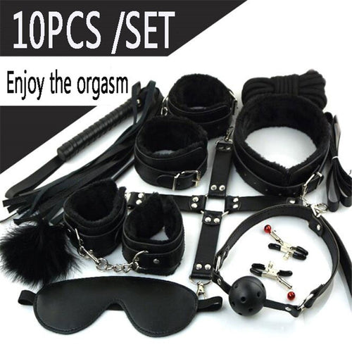 Ataullah 10 Pcs/set Sex Toys Erotic Toys for Adults Couples BDSM Sex Bondage Handcuffs Nipple Clamps Gag Whip Rope BG005