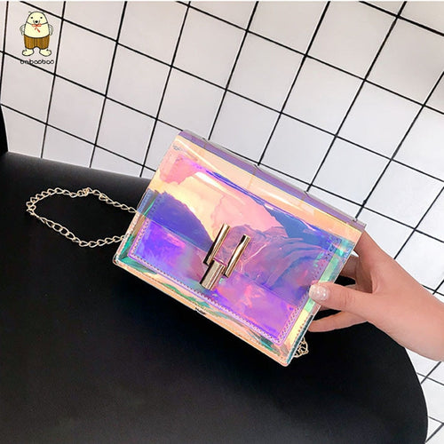 Beibaobao 2019 Laser Transparent Fashion Korean Style Shoulder Small Mini Square Messenger PVC  Waterproof  Beach bags Woman