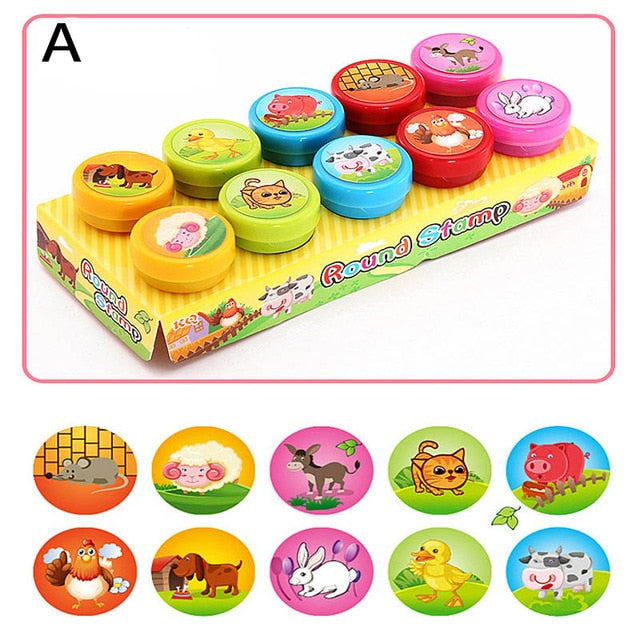 10pcs/Set Children Toy Stamps Cartoon Animals Fruits Traffic Smile Kids Seal For Scrapbooking Stamper DIY cartoon stamper Toys