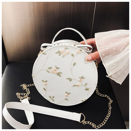 Hot Sale Sweet Lace Round Handbags High Quality PU leather Women Crossbody Bags Female Small Fresh Flower Chain Shoulder