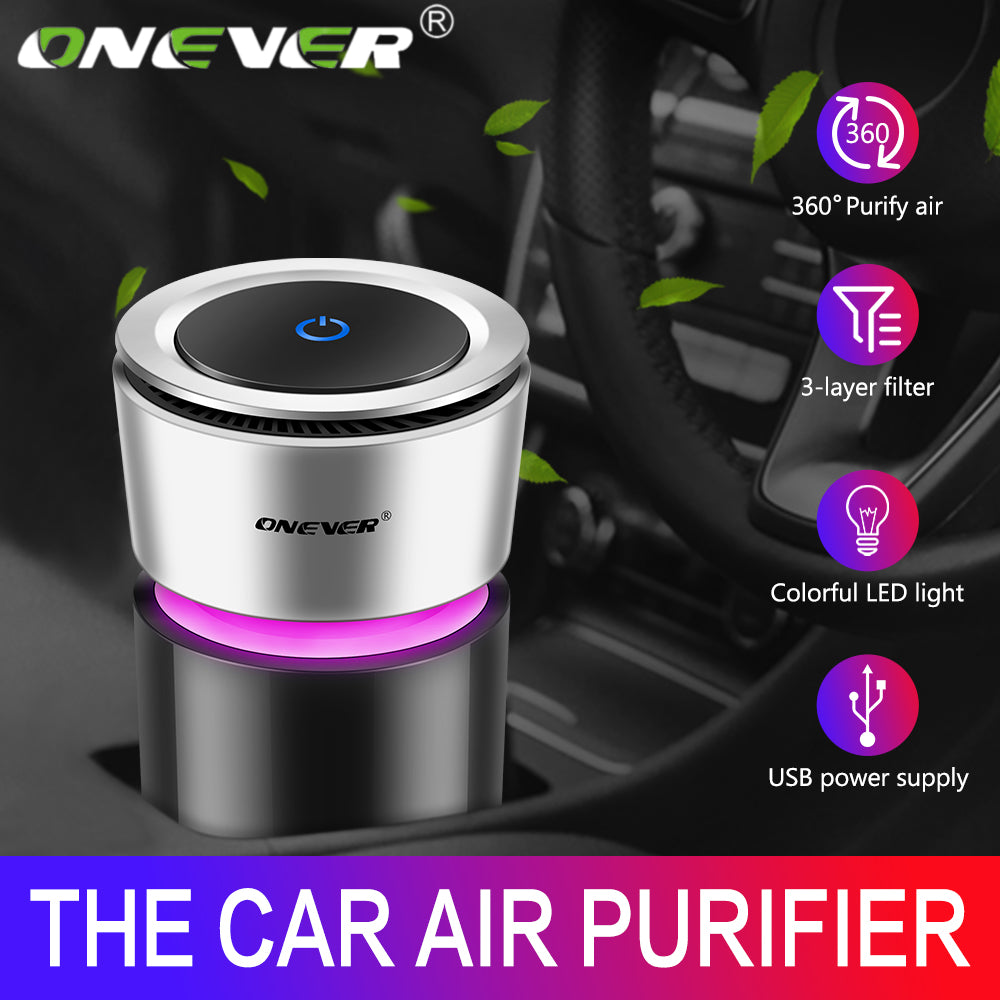 Onever Car Air Purifier 12V Negative Ions Air Cleaner Ionizer Air Freshener Auto Mist Maker Pm2.5 Eliminator Cup Car Charger