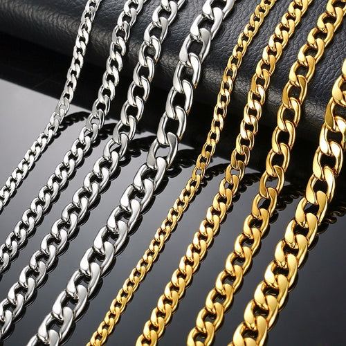 Silver Gold Filled Solid Necklace Curb Chains Link Men Choker Stainless Steel Male Female Accessories Fashion