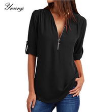Load image into Gallery viewer, YMING Fashion Ladies Top Zipper Chiffon Top Office Casual Ladies Top Summer Ladies Top Long Sleeve Shirt Solid Color Blusas