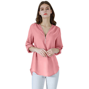 YMING Fashion Ladies Top Zipper Chiffon Top Office Casual Ladies Top Summer Ladies Top Long Sleeve Shirt Solid Color Blusas