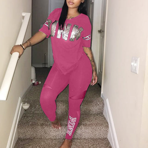 Casual 2 Piece Sets Women's Suit Tracksuits Set Pink Letter Print Plus Size Sweatsuit 3XL Top And Skinny Pants 2pcs Outfits