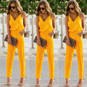 2020 Summer Women Holiday Casual Sleeveless Jumpsuits Fashion Ladies  Solid Color Bodysuit Wide Leg Loose Long Pants Trousers