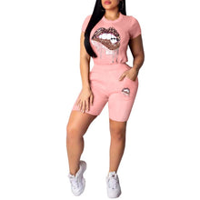 Load image into Gallery viewer, Women Short Sleeve Lips Printed T-shirt Top Elastic Waist Shorts Two Pieces Casual Style Outfit Female O-Neck Pullover Clubwear