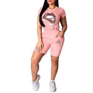 Women Short Sleeve Lips Printed T-shirt Top Elastic Waist Shorts Two Pieces Casual Style Outfit Female O-Neck Pullover Clubwear