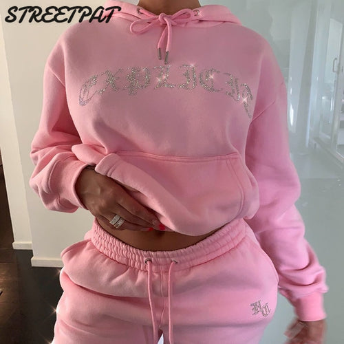 Diamonds Tracksuit 2 Piece Set Women Oversize Hoodies Sweatshirt Sweatpants Joggers Sport Pant Suits Femme Outfits Sweatsuits