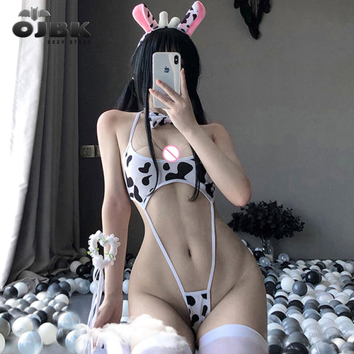 Kawaii Black White Cow Print Mini Backless One Piece Micro Bikini Jumpsuit Erotic Sex Costumes Bodysuit for Women Sexy Lingerie