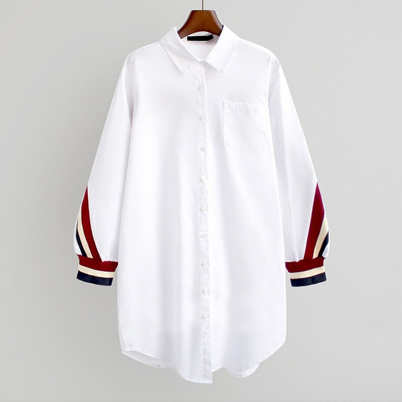 2021 White Loose Button Up Stripe Bandage Shirts Women Blouses Turn-Down Collar Woven Long Sleeve Plus Size Ladies Tops