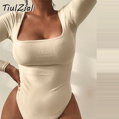 TiulZial Square Collar Long Sleeve Bodycon Bodysuit For Women Autumn White Women Bodysuit Winter Casual Body Female Top Black