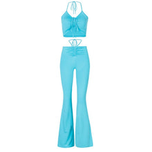Load image into Gallery viewer, ALLNeon Y2K Streetwear Sexy Bandage Blue Co-ord Suits 2000s Fashion Drawstring Halter Top and High Waist Flare Pants 2 Piece Set