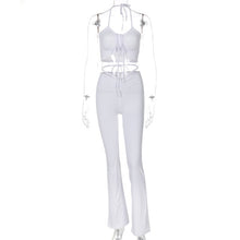 Load image into Gallery viewer, ALLNeon Y2K Streetwear Sexy Bandage Blue Co-ord Suits 2000s Fashion Drawstring Halter Top and High Waist Flare Pants 2 Piece Set