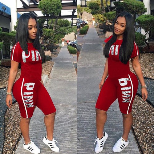 Fanco Casual Pink Letter Print Women Two Piece Set New Summer Rompers Sexy Striped T-Shirts And Skinny Pants 2pcs Outfits