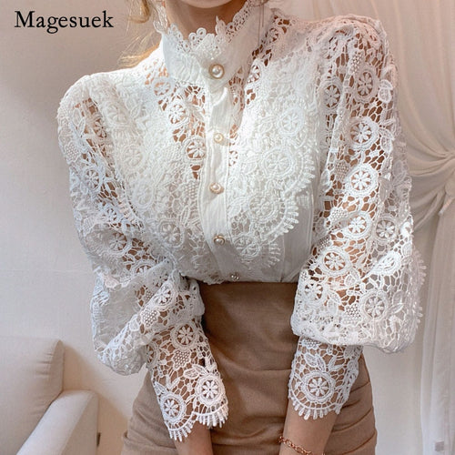 Petal Sleeve Stand Collar Hollow Out Flower Lace Patchwork Shirt Femme Blusas All-match Women Lace Blouse Button White Top 12419