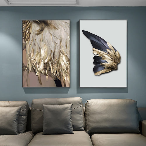 Nordic decor feathers canvas painting white poster and print unique modern golden wings wall art for living room bedroom aisle